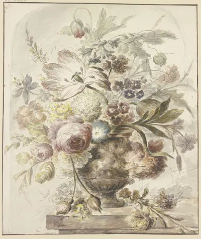 Blumenstrauß in einer Vase mit Basrelief, links hängen zwei Rosenknospen herab by Й. Х. Ван Лун — digital art print download