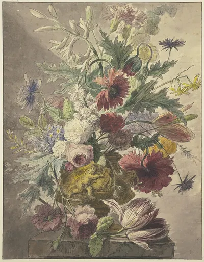 Blumenstrauß in einer Vase mit Basrelief, vorne liegt eine Rose und eine Tulpe by Й. Х. Ван Лун — digital art print download