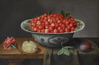 Wild strawberries in a Delftware bowl by Jacob van Hulsdonck — digital art print download