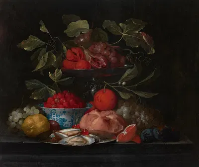 Wild strawberries in a Kraak porcelain bowl, with oranges, peaches, lemons, a bread roll and oysters on a stone ledge by…