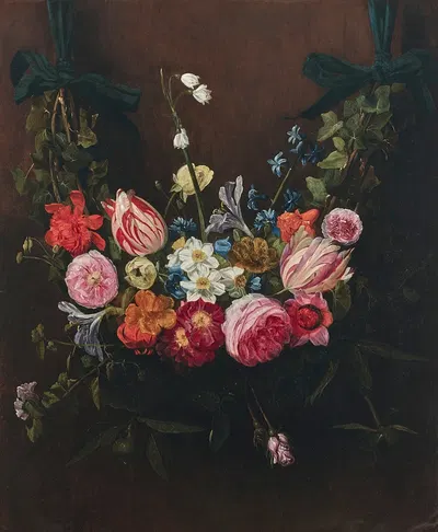 A garland of flowers with tulips, daffodils, lilies of the valley suspended from ribbons by Jan Philips van Thielen, 1653 —…