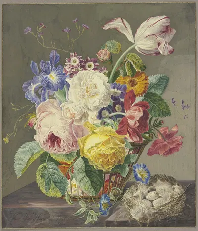 Flowers in a Woven Basket and a Bird’s Nest by Jan van Huysum, 1733 — digital art print download