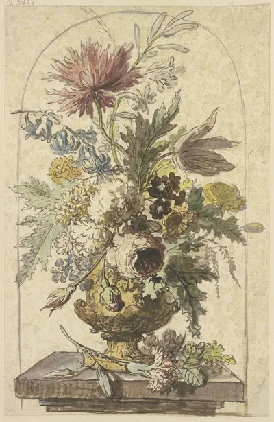 Blumenbouquet in einer Vase, vorne liegt eine Nelke by Ян ван Хёйсум — digital art print download