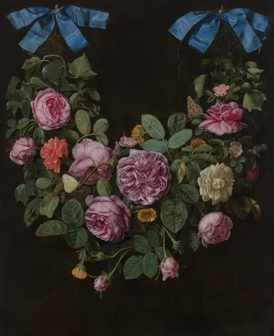 A swag of roses suspended from blue ribbons by Jan Van Kessel The Elder — digital art print download