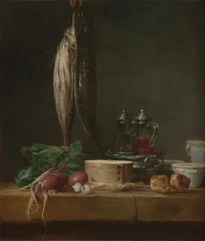 Still Life with Fish, Vegetables, Gougères, Pots, and Cruets on a Table by Жан Симон Шарден, 1769 — digital art print…