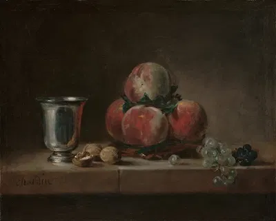 Still Life with Peaches, a Silver Goblet, Grapes, and Walnuts by Жан Симон Шарден — digital art print download