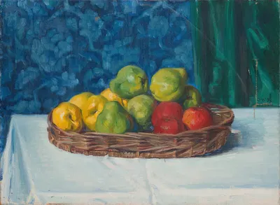 Still Life; Basket with Fruit on a Table in front of a Curtain and Wallpaper by Ottilie Wilhelmine Roederstein, 1909 —…
