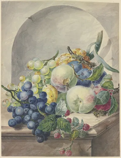 Fruchtstück in einer Nische auf einem Marmortische, Pflaumen, Pfirsiche, Trauben und Brombeeren by Paul Theodor Van Brussel…