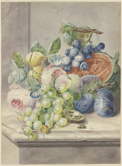 Fruchtstück mit einer aufgeschnittenen Melone und zwei Rosen, Trauben, Pfirsichen, Pflaumen und einer Walnuss by Paul…