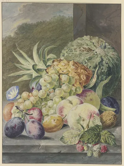 Fruchtstück, Melone, Ananas, Trauben, Pfirsiche, Pflaumen, Nüsse by Paul Theodor Van Brussel — digital art print download