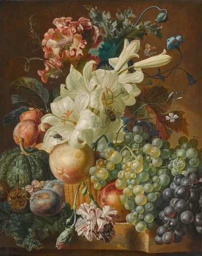 Still life with lilies, poppies, plums, melons and grapes on a ledge with insects by Paul Theodor Van Brussel, 1789 —…