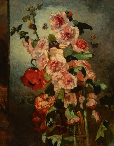 Still life with hollyhocks and poppies by Филипп Руссо, 1855 — digital art print download