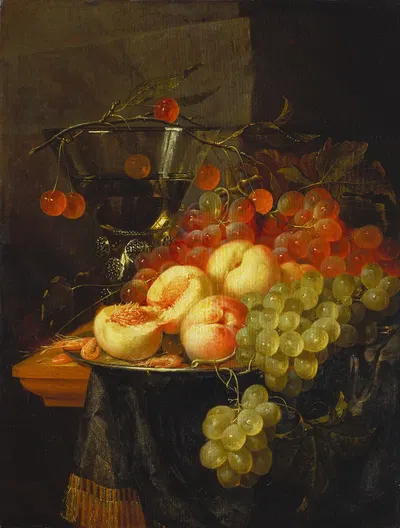 Still Life with Fruit and a Cherry Branch over a Berkemeyer Glass by Pieter de Ring — digital art print download