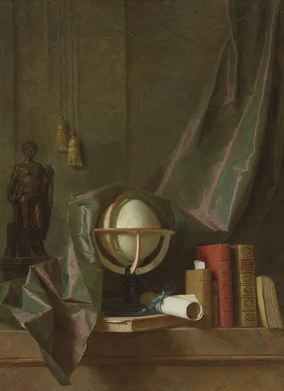 A globe, books and statuette on a ledge in an interior, veiled by a curtain by Thomas Germain Joseph Duvivier — digital art…