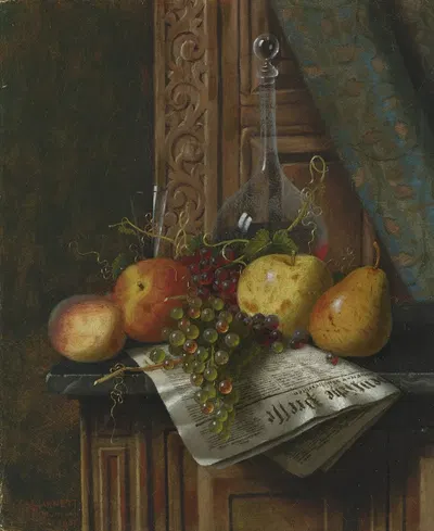 Still Life with Munich Newspaper, Fruit and Decanter by William Michael Harnett, 1881 — digital art print download
