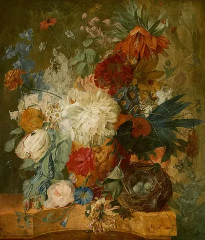 Still Life with Bouquet of Flowers and Bird's Nest by Уибранд Хендрикс, 1776 — digital art print download