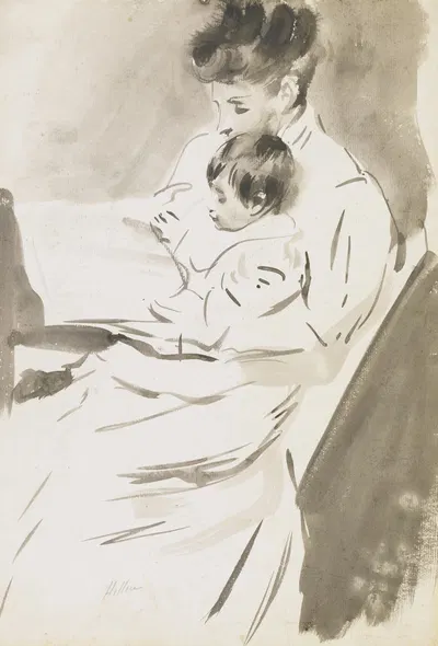 Madame Helleu reading with her daughter by Поль Сезар Элью — digital art print download