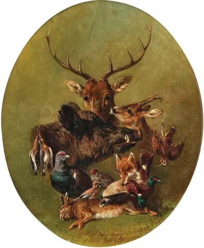 Hunting Still Life with Stag, Wild Boar, Fox, Hare, Sparrowhawk and Pheasant by Carl Jutz, 1864 — digital art print download