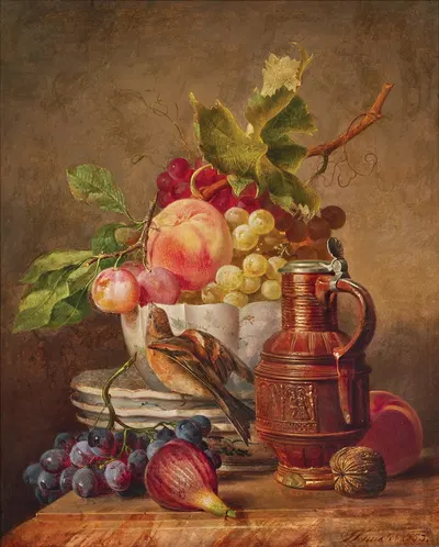 Fruit Still Life with a Goldfinch and a Wine Jug by Josef Schuster, 1853 — digital art print download