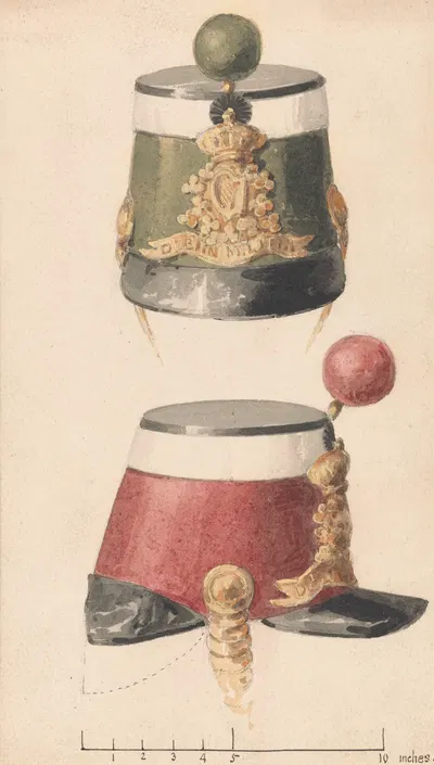 Two Shakos of the Dublin Militia; One Green, One Red by Майкл Анджело Хейс — digital art print download