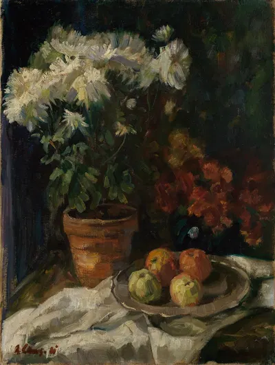 Stilleben mit weissen Chrysanthemen und Äpfeln by Альберт Ланг, 1881 — digital art print download