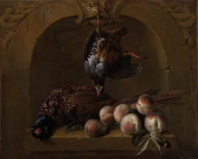 Still life with red-legged partridge, pheasant and peaches by Александр Франсуа Деспор, 1715 — digital art print download
