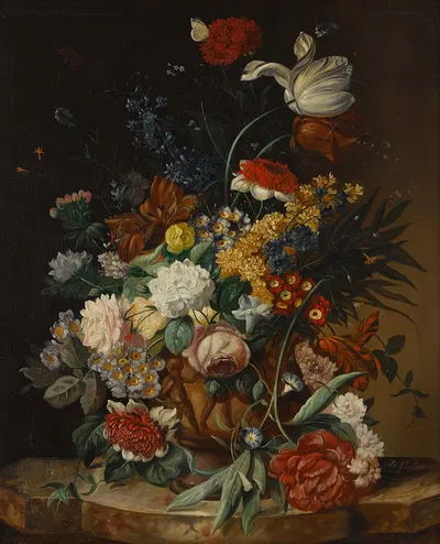 A still life with a bouquet of flowers on a marble ledge by Franz Xaver Pieler — digital art print download