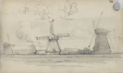 Sketch of landscape with windmills by Петр ван дер Вельден — digital art print download