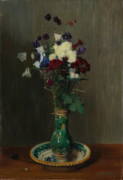 Akeleien und Nelken in grüner Vase by Густав Кампман — digital art print download