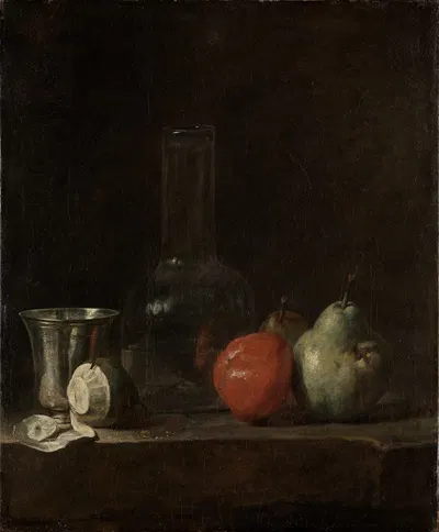 Still life with glass bottle and fruits by Жан Симон Шарден — digital art print download
