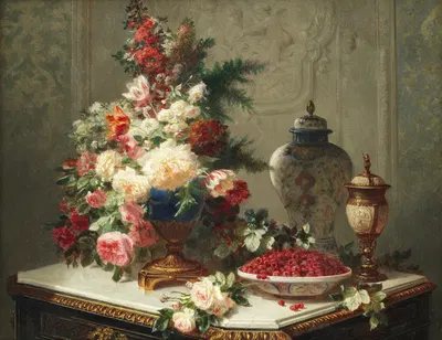 Still life with flowers and raspberries by Jean-Baptiste Robie — digital art print download