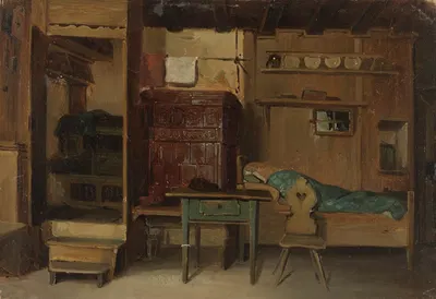 Schwarzwälder Bauernstube mit Bett und Sitzbank am Kachelofen by Иоганн Баптист Кирнер — digital art print download