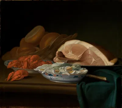 Frühstücksstilleben mit Schinken, Krabben und Eiern by Юстус Юнкер — digital art print download