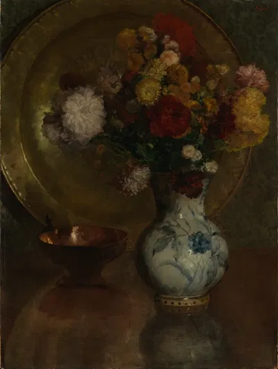 Blumenstilleben mit Messinggefäßen und Delfter Kanne by Louis Eysen, 1882 — digital art print download