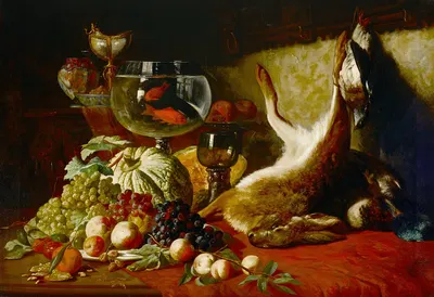 A still life with fruit, goldfish and dead hare by Lucas Victor Schaefels, 1871 — digital art print download