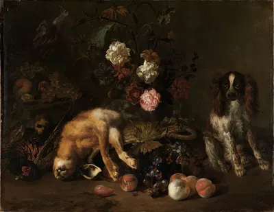 Still life with hunted game, flowers, fruit and a spaniel by Николас де Ларжильер — digital art print download