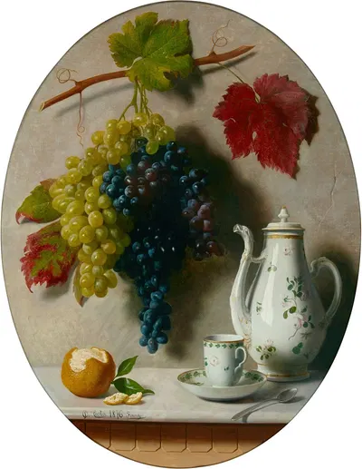 A still life with grapes and tea pot by Oreste Costa, 1876 — digital art print download