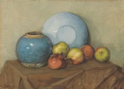 Appels, ronde pot en plaat op een tafel by Piet Mondrian — digital art print download