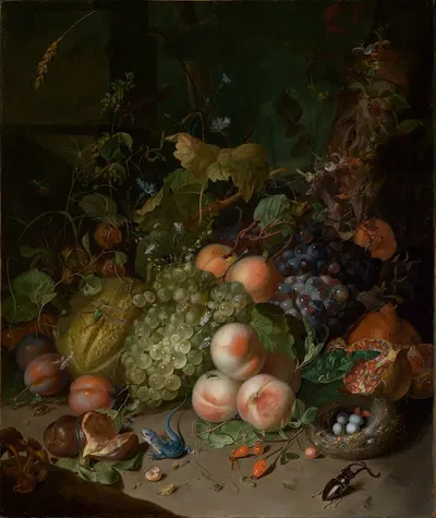 Fruchtstilleben mit Hirschkäfer und Nest by Rachel Ruysch, 1717 — digital art print download
