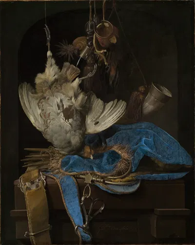 Stillleben mit Jagdgeräten und totem Rebhuhn by Willem van Aelst, 1668 — digital art print download