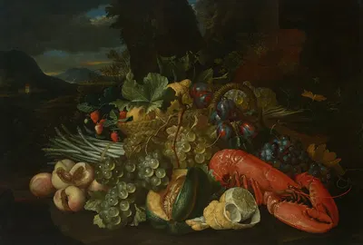 A basket of lemons, asparagus, peaches, a melon, plums, grapes and other fruit with a lobster, in a landscape by Alexander…