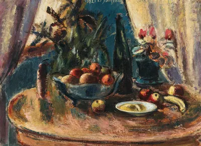 Stillleben mit Früchten und Weinflasche by Антон Файстауэр, 1921 — digital art print download
