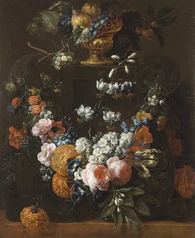Flower Garland and Gilded Bowl of Fruit by Gaspar Peeter Verbruggen the Younger — digital art print download