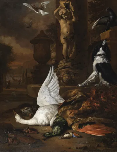 Still life with dead swan, a peacock and a dog by a garden fountain by Ян Вейникс, 1684 — digital art print download