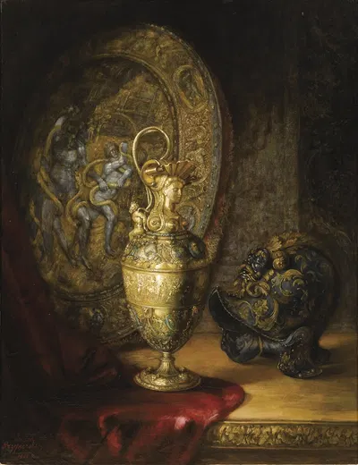 Casque, aiguière et bouclier sur une table by Люсиен или К. Люцян Пшепиорский, 1886 — digital art print download
