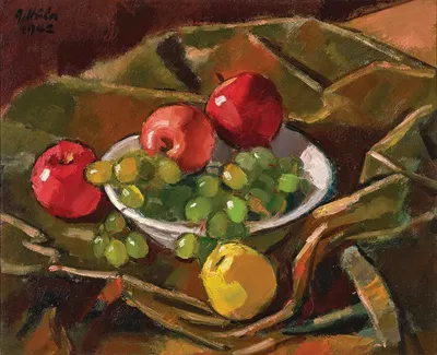 Stillleben mit Äpfeln und Weintrauben by Антон Хула, 1942 — digital art print download