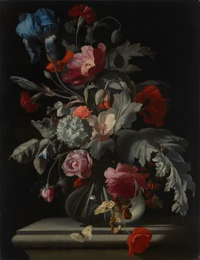 Roses, carnations, poppies, and hydrangea and an iris in glass vase with a snail and a butterfly on a stone ledge by Симон…
