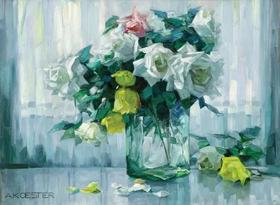 Still Life with White and Yellow Roses in a Glass Vase by Александр Кёстер — digital art print download