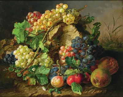 Fruit Still Life with Grapes, Apples and a Wasp by Antal Jozsef Strohmayer — digital art print download