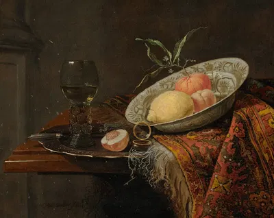 A lemon, orange and nectarine in a porcelain bowl by Christiaen van Dielaert, 1664 — digital art print download